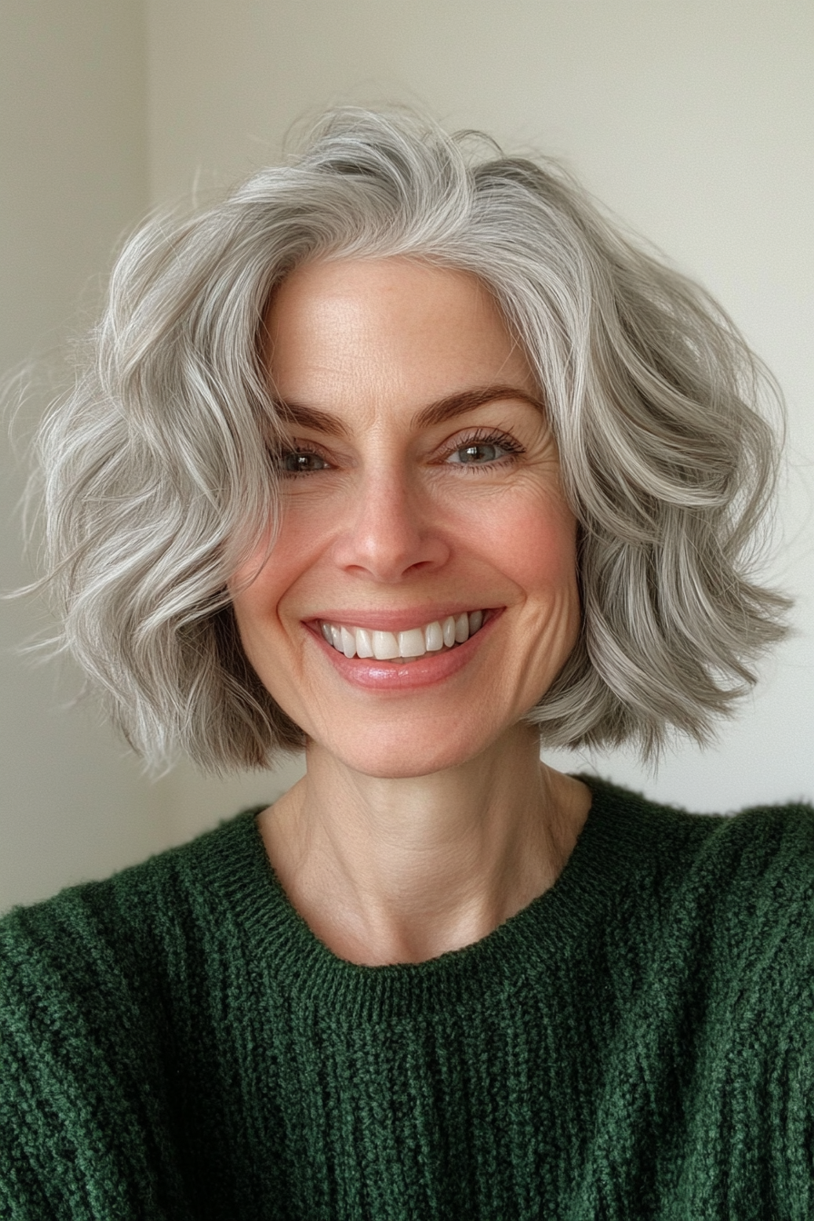 11. Messy Bob with Layers in Natural Gray (Short Wavy Hairstyles For Women Over 50) - Short Wavy Hairstyles For Women Over 50