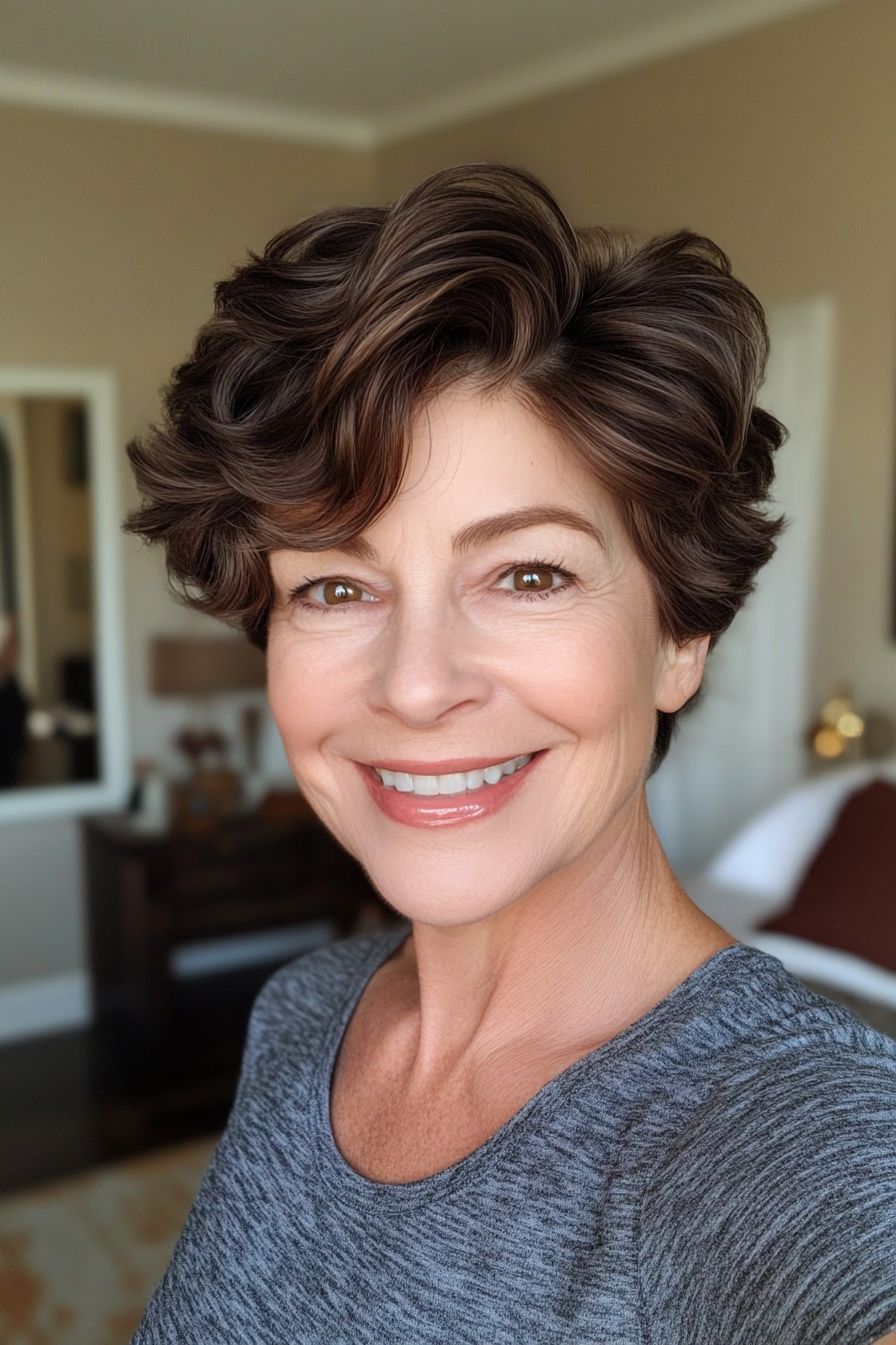 14. Sculpted Pixie Waves in Deep Espresso (Short Wavy Hairstyles For Women Over 50) - Short Wavy Hairstyles For Women Over 50