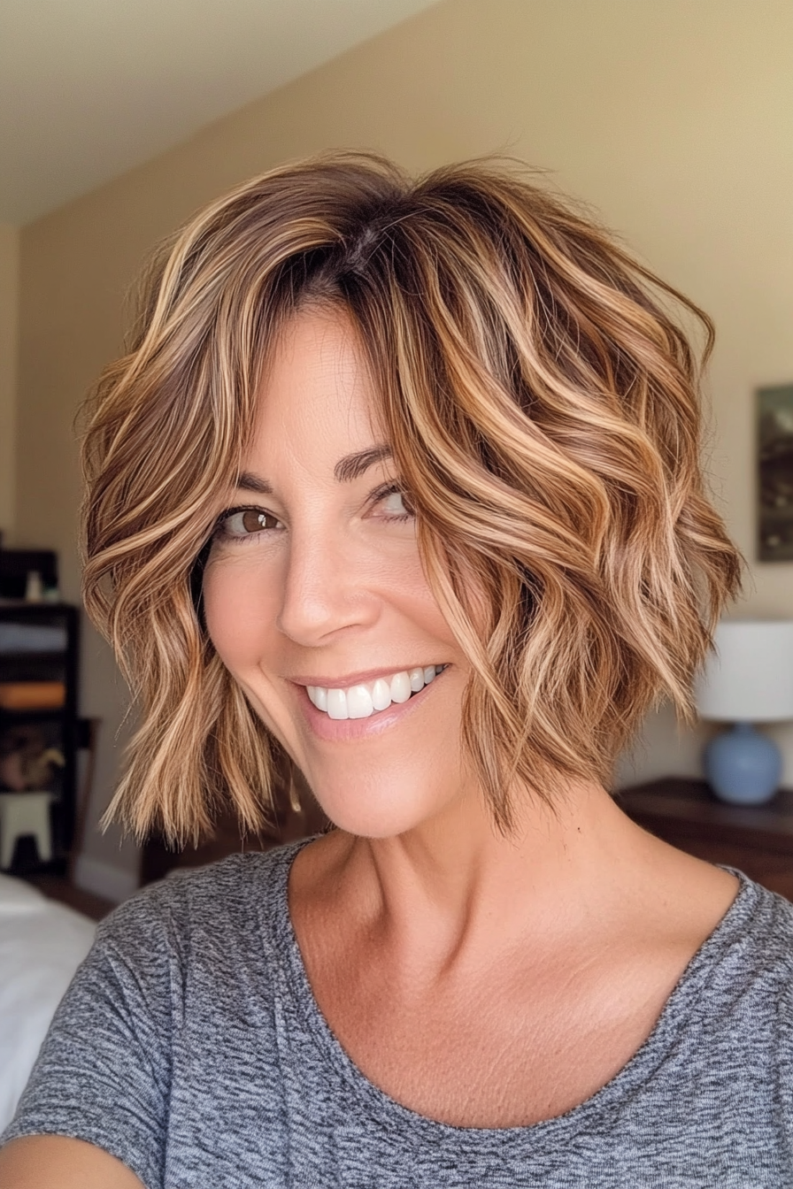 15. Choppy Wavy Bob in Warm Caramel (Short Wavy Hairstyles For Women Over 50) - Short Wavy Hairstyles For Women Over 50