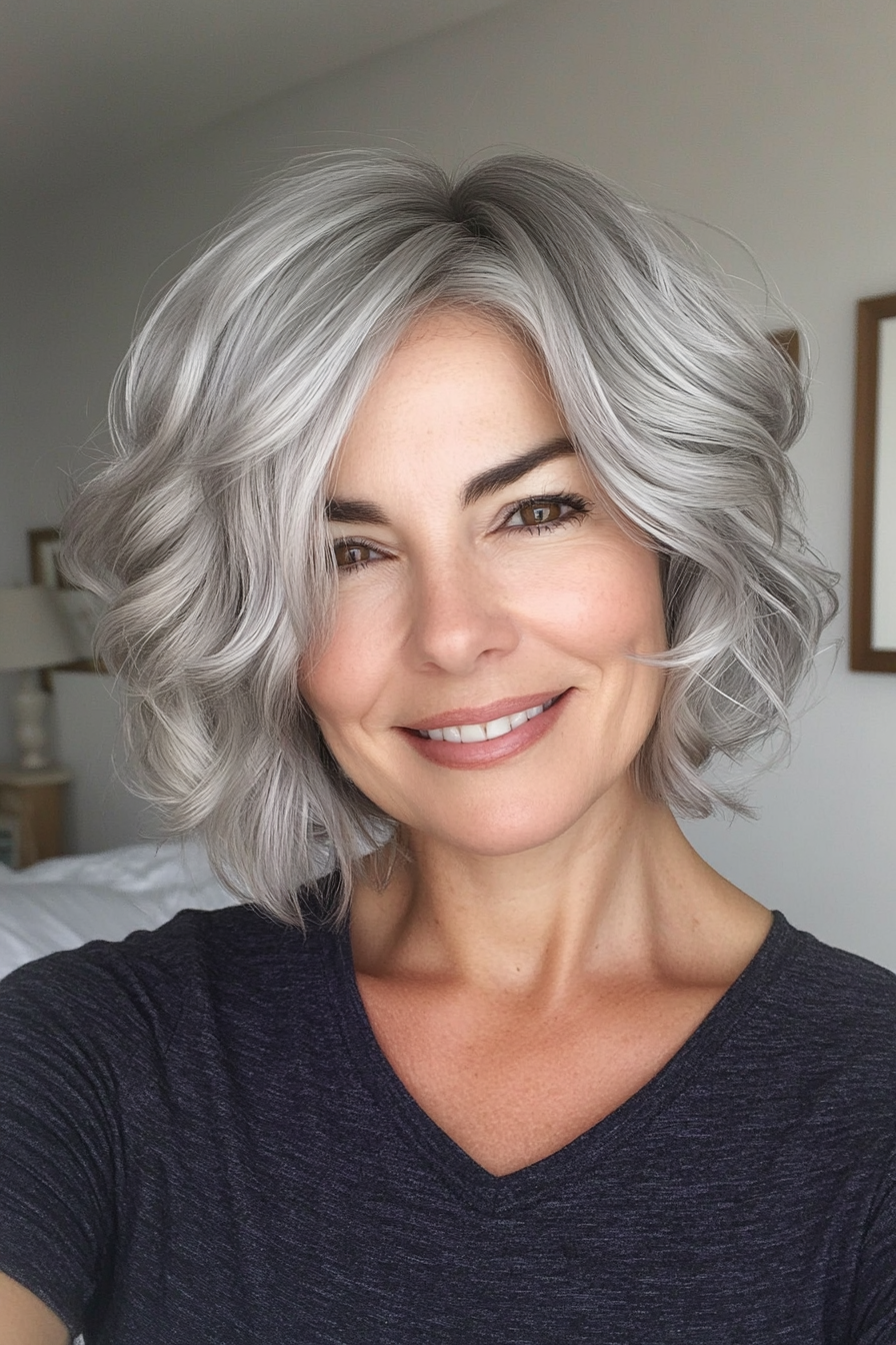 17. Wavy Bowl Cut in Platinum Gray (Short Wavy Hairstyles For Women Over 50) - Short Wavy Hairstyles For Women Over 50