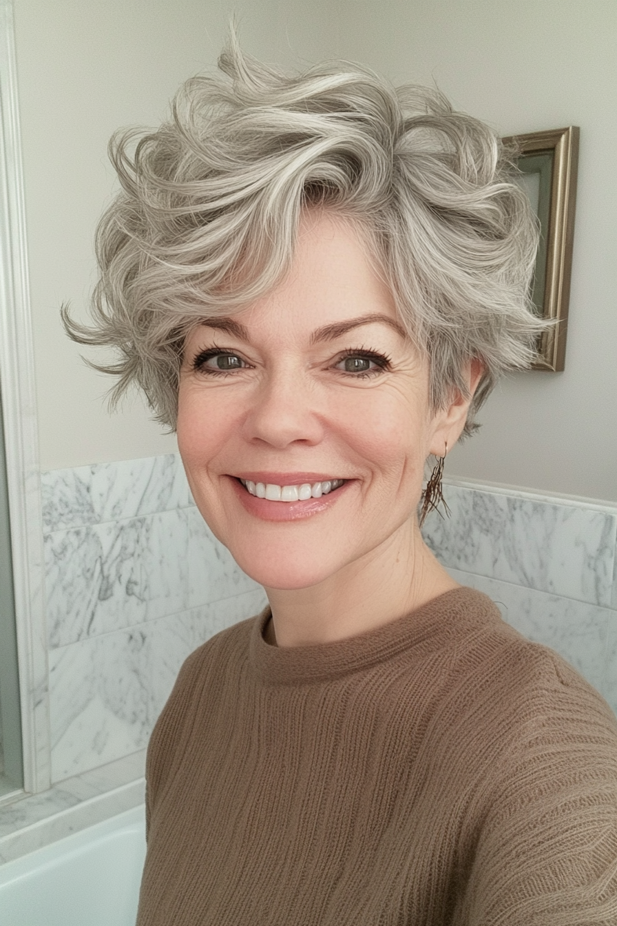 18. Wavy Pixie Mullet in Sandy Gray (Short Wavy Hairstyles For Women Over 50) - Short Wavy Hairstyles For Women Over 50