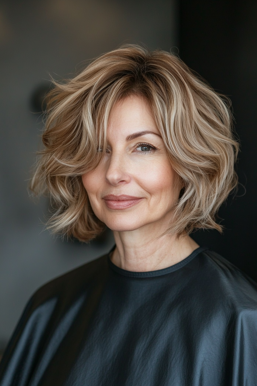 19. Bob with Swoopy Waves in Dark Blonde (Short Wavy Hairstyles For Women Over 50) - Short Wavy Hairstyles For Women Over 50
