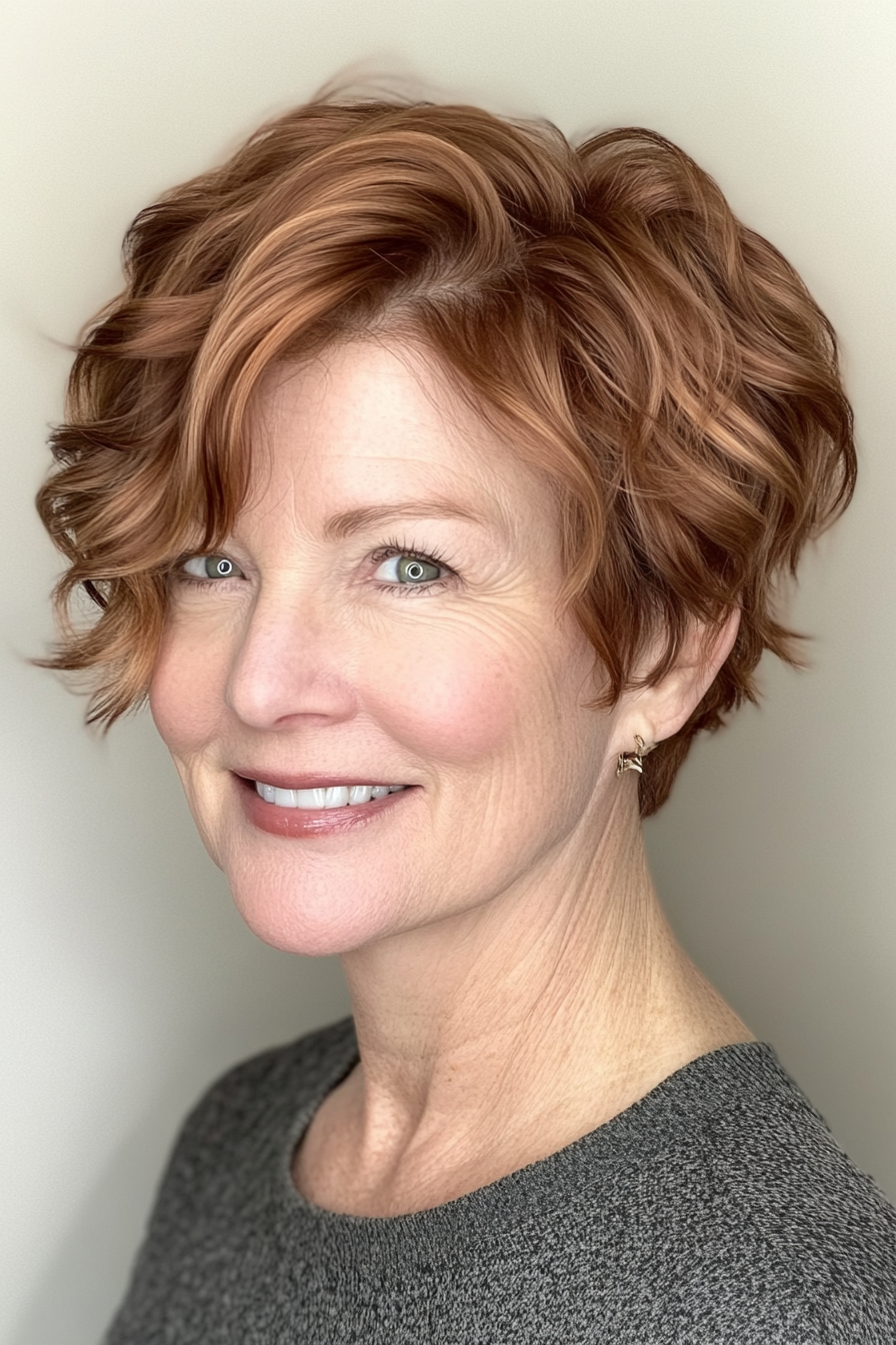 20. Piecey Wavy Cut in Copper Brown (Short Wavy Hairstyles For Women Over 50) - Short Wavy Hairstyles For Women Over 50
