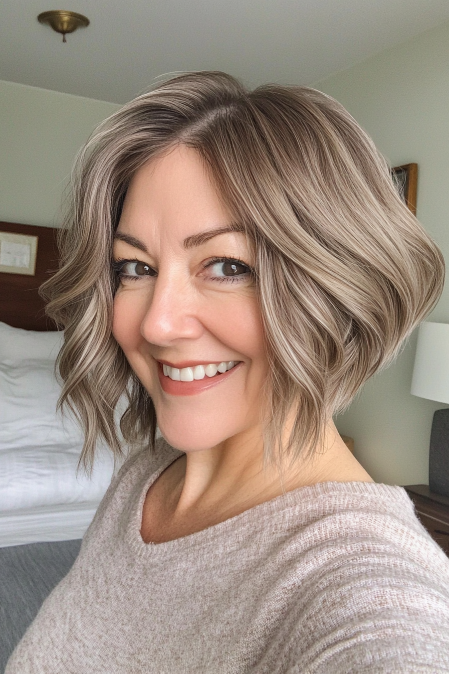 22. Angled Wavy Bob in Cool Taupe (Short Wavy Hairstyles For Women Over 50) - Short Wavy Hairstyles For Women Over 50