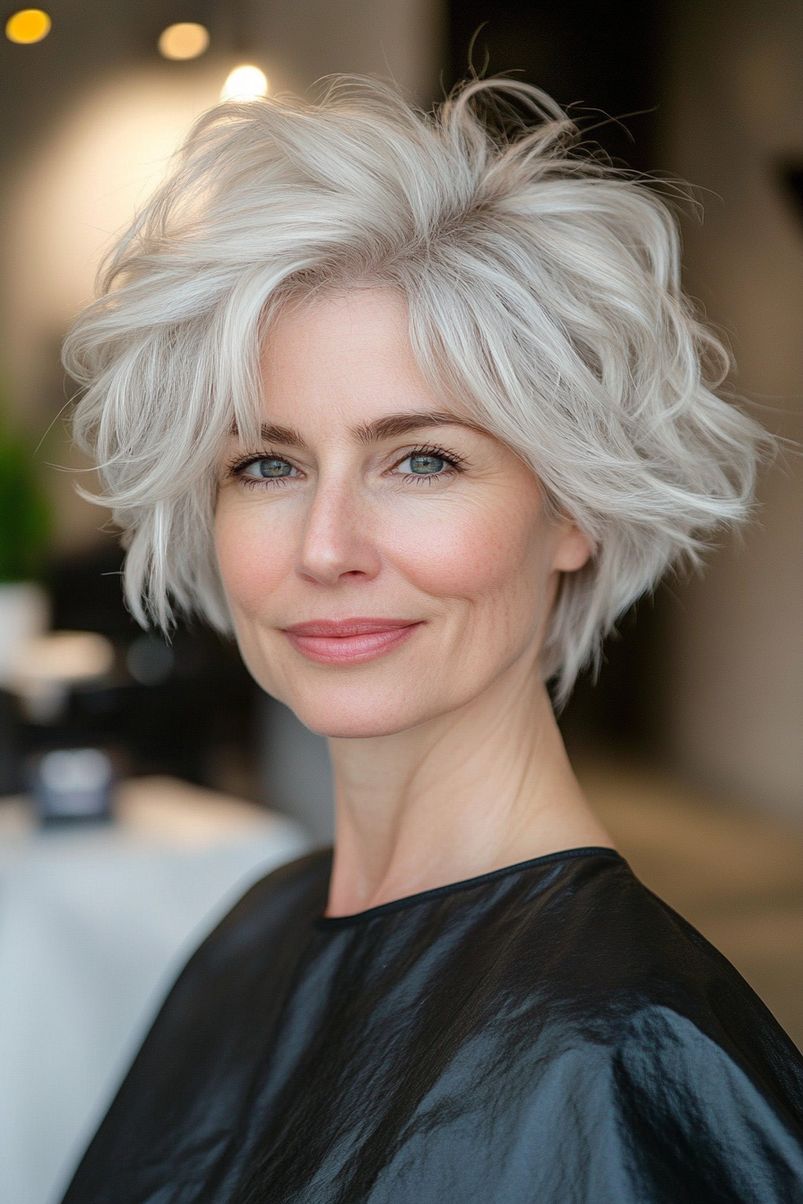 23. Soft Wavy Pixie in Silver Blonde (Short Wavy Hairstyles For Women Over 50) - Short Wavy Hairstyles For Women Over 50