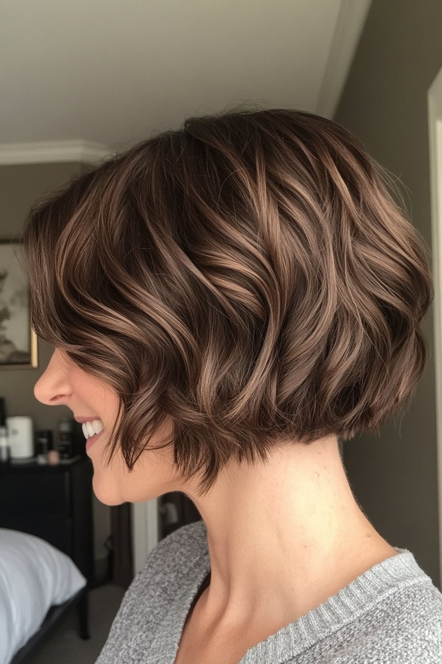 25. Low-Maintenance Wavy Bob in Mocha Brown (Short Wavy Hairstyles For Women Over 50) - Short Wavy Hairstyles For Women Over 50