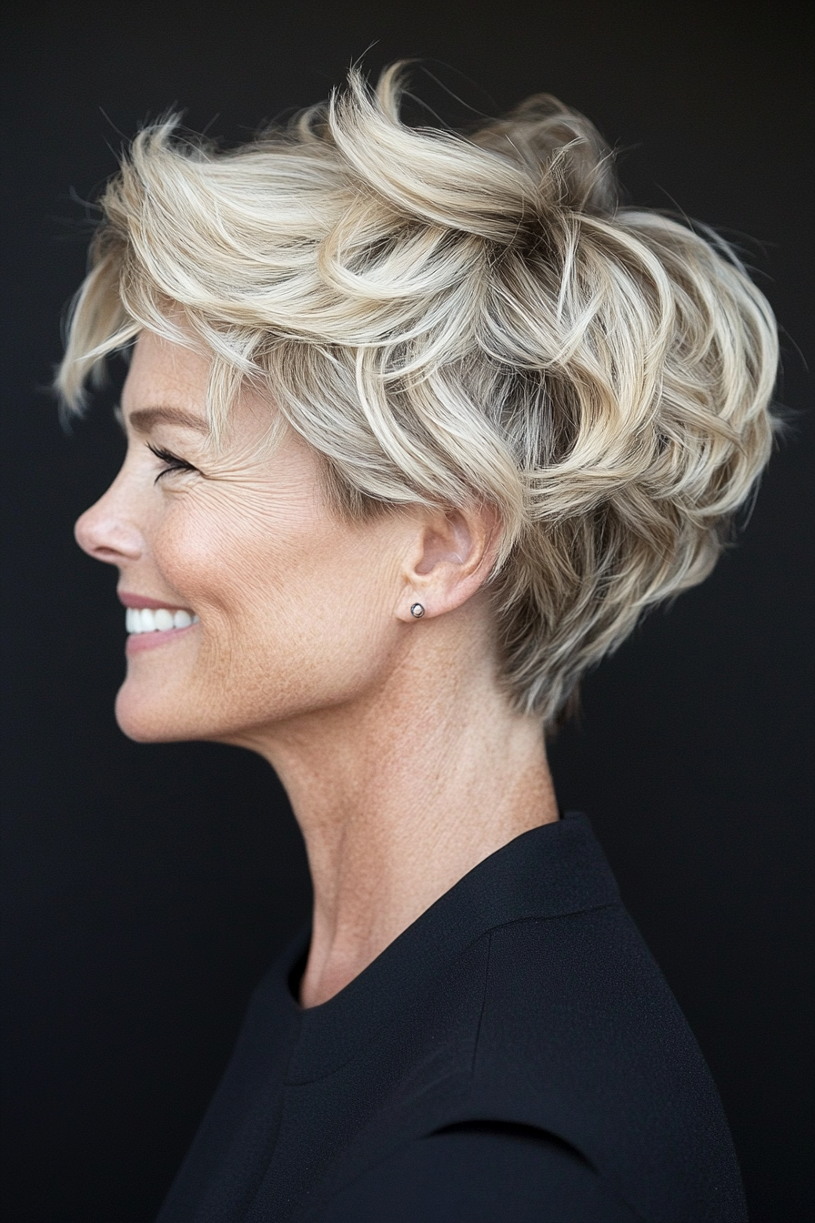 26. Textured Pixie with Waves in Neutral Blonde (Short Wavy Hairstyles For Women Over 50) - Short Wavy Hairstyles For Women Over 50