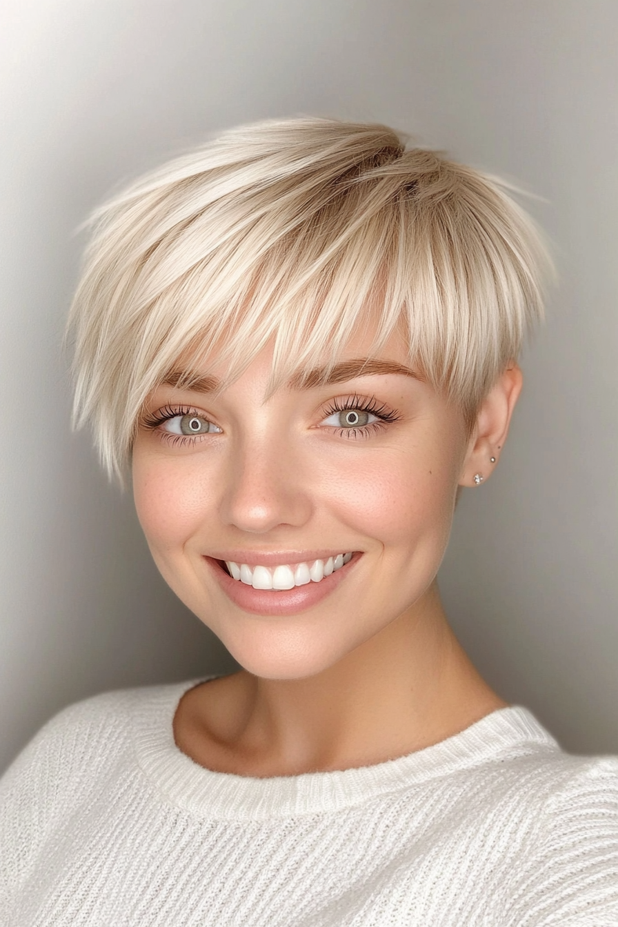 15. Pearl Blonde Pixie with Bangs (Short Blonde Haircuts For Fine Hair) - Short Blonde Haircuts For Fine Hair