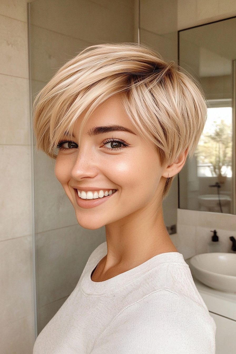 23. Light Caramel Short Cut with Layers (Short Blonde Haircuts For Fine Hair) - Short Blonde Haircuts For Fine Hair